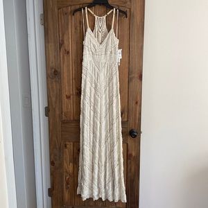 Cotton & lace cream maxi dress. Razor detailed back with adjustable straps.
